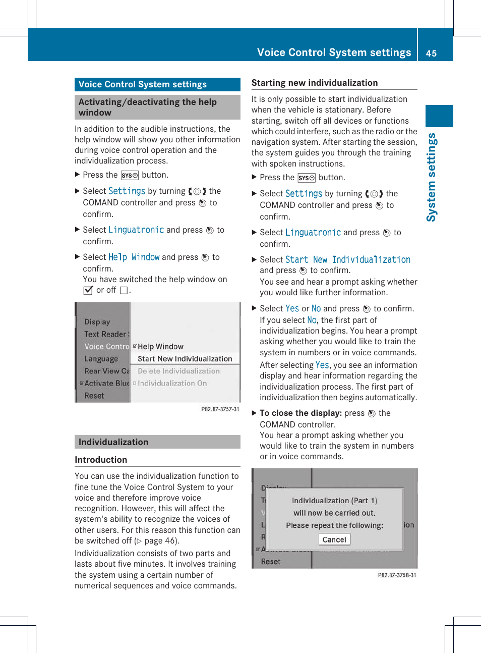 System settings, Voice control system settings | Mercedes-Benz E-Coupe 2011 COMAND Manual User Manual | Page 47 / 194
