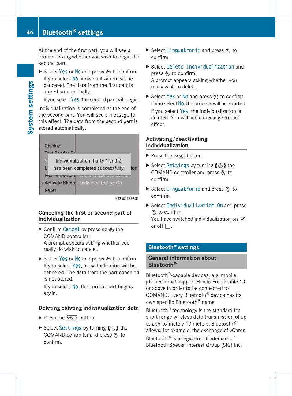 System settings, Bluetooth, Settings | Mercedes-Benz E-Coupe 2011 COMAND Manual User Manual | Page 48 / 194