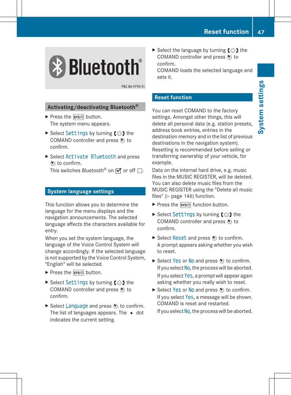System settings, Reset function | Mercedes-Benz E-Coupe 2011 COMAND Manual User Manual | Page 49 / 194