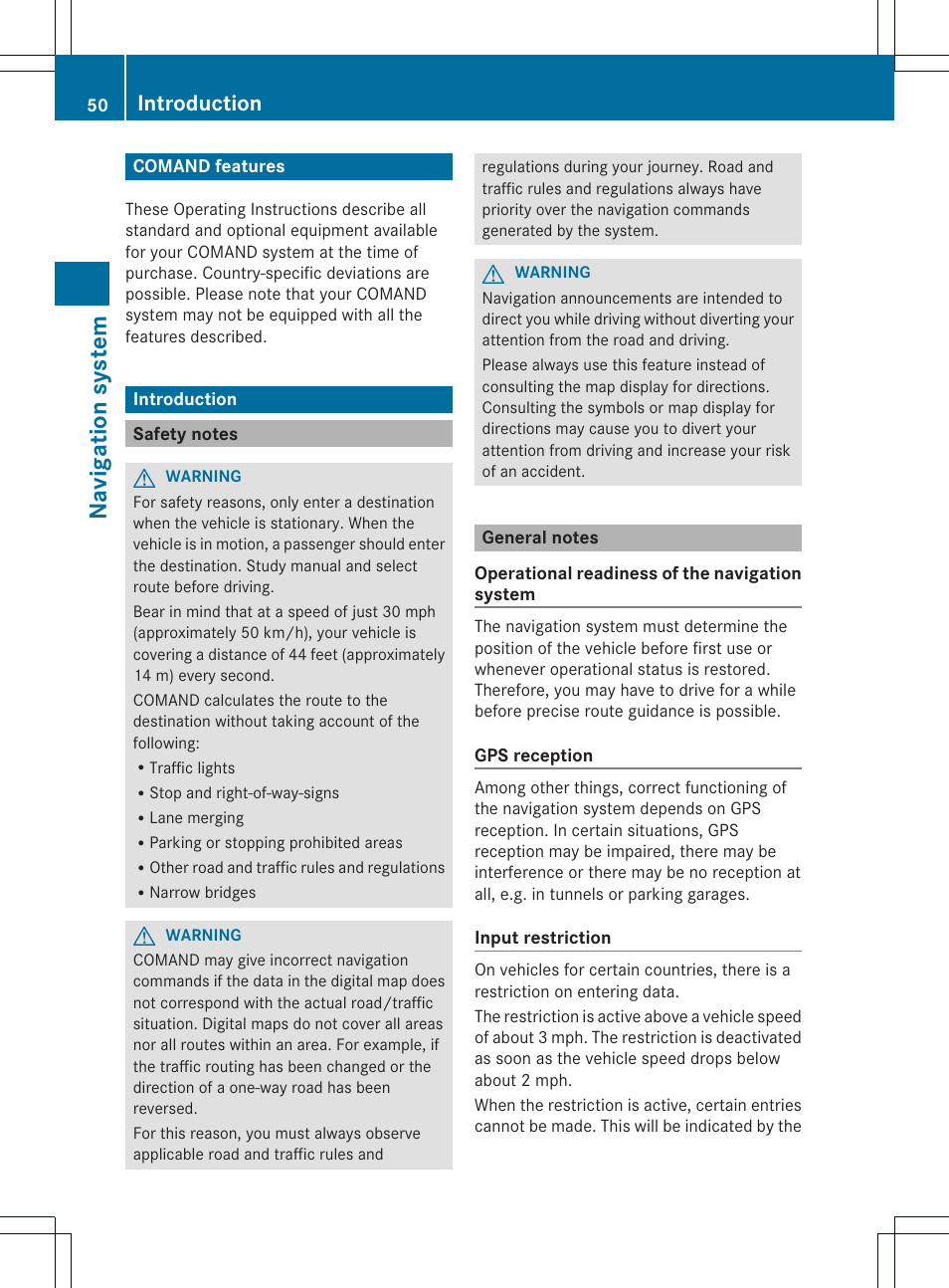 Na vigat ion system, Introduction | Mercedes-Benz E-Coupe 2011 COMAND Manual User Manual | Page 52 / 194