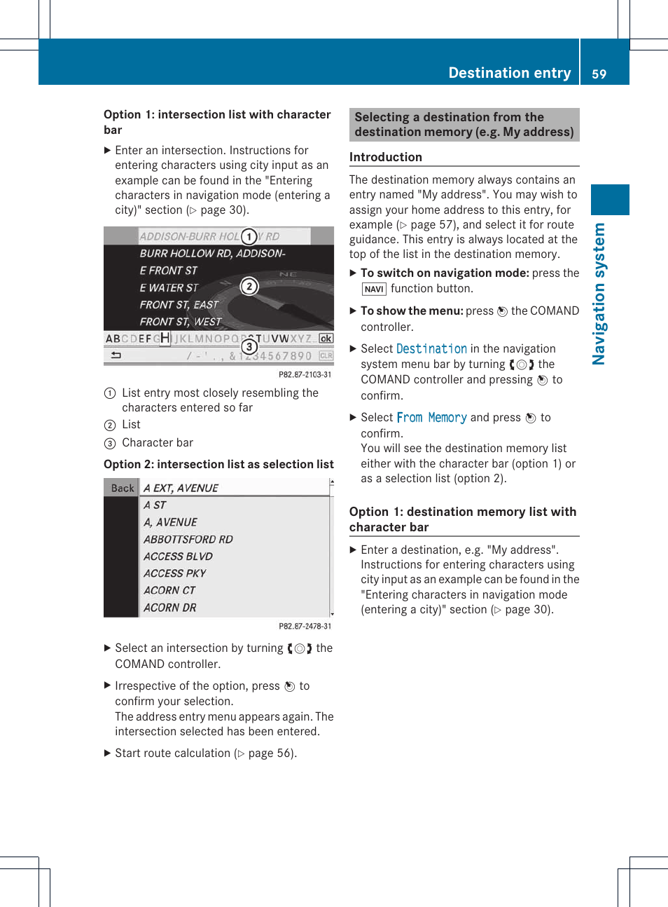 Na vigat ion system, Destination entry | Mercedes-Benz E-Coupe 2011 COMAND Manual User Manual | Page 61 / 194