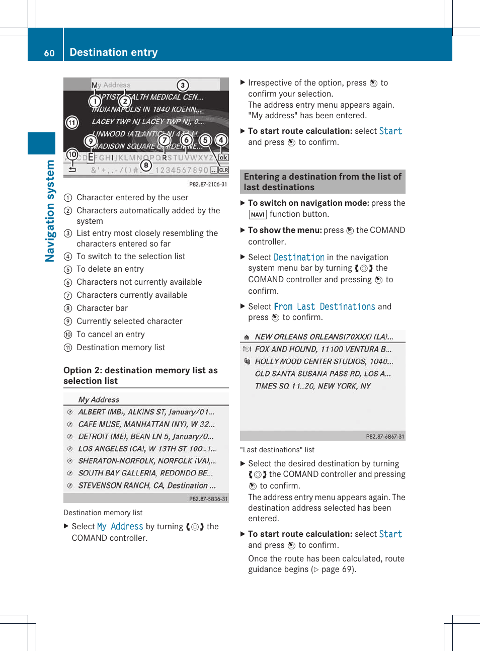 Na viga tion syst em, Destination entry | Mercedes-Benz E-Coupe 2011 COMAND Manual User Manual | Page 62 / 194