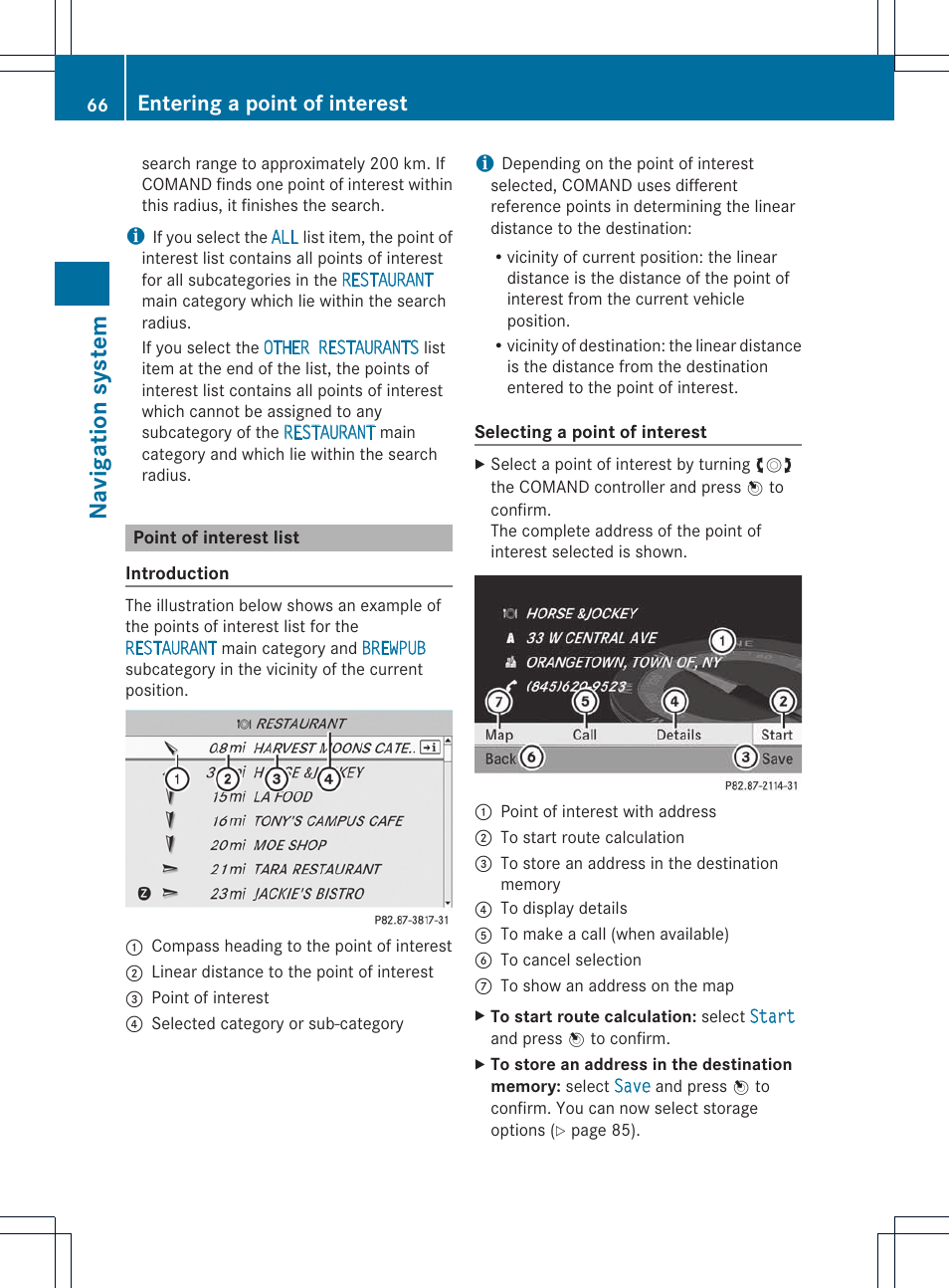 Navi ga tio n sy ste m, Entering a point of interest | Mercedes-Benz E-Coupe 2011 COMAND Manual User Manual | Page 68 / 194