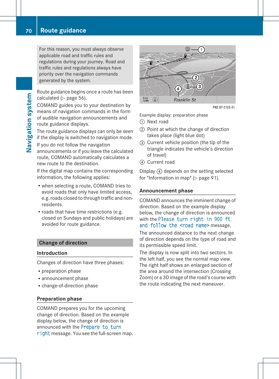 Navigat ion system, Route guidance | Mercedes-Benz E-Coupe 2011 COMAND Manual User Manual | Page 72 / 194