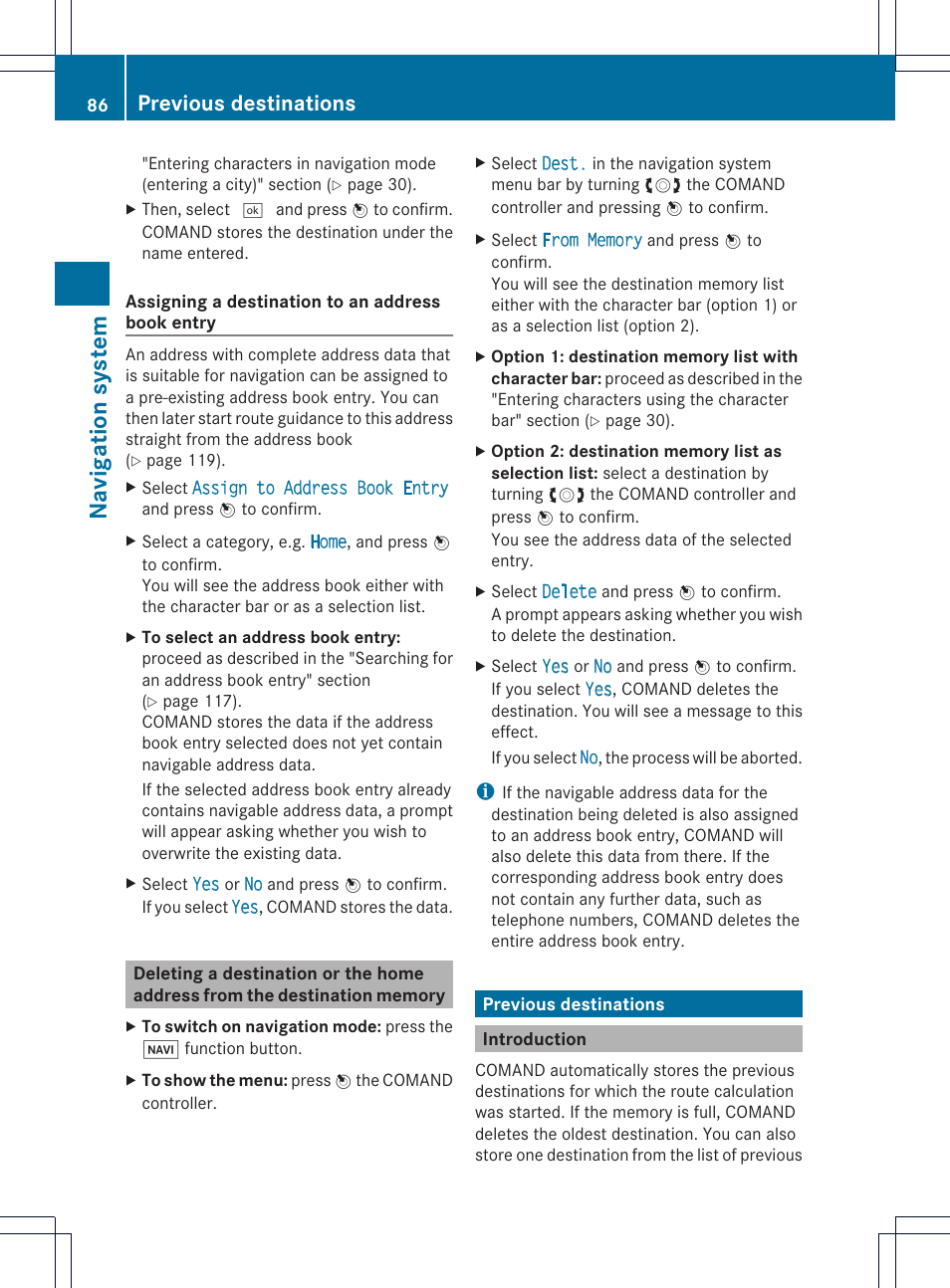 Na vigation system, Previous destinations | Mercedes-Benz E-Coupe 2011 COMAND Manual User Manual | Page 88 / 194