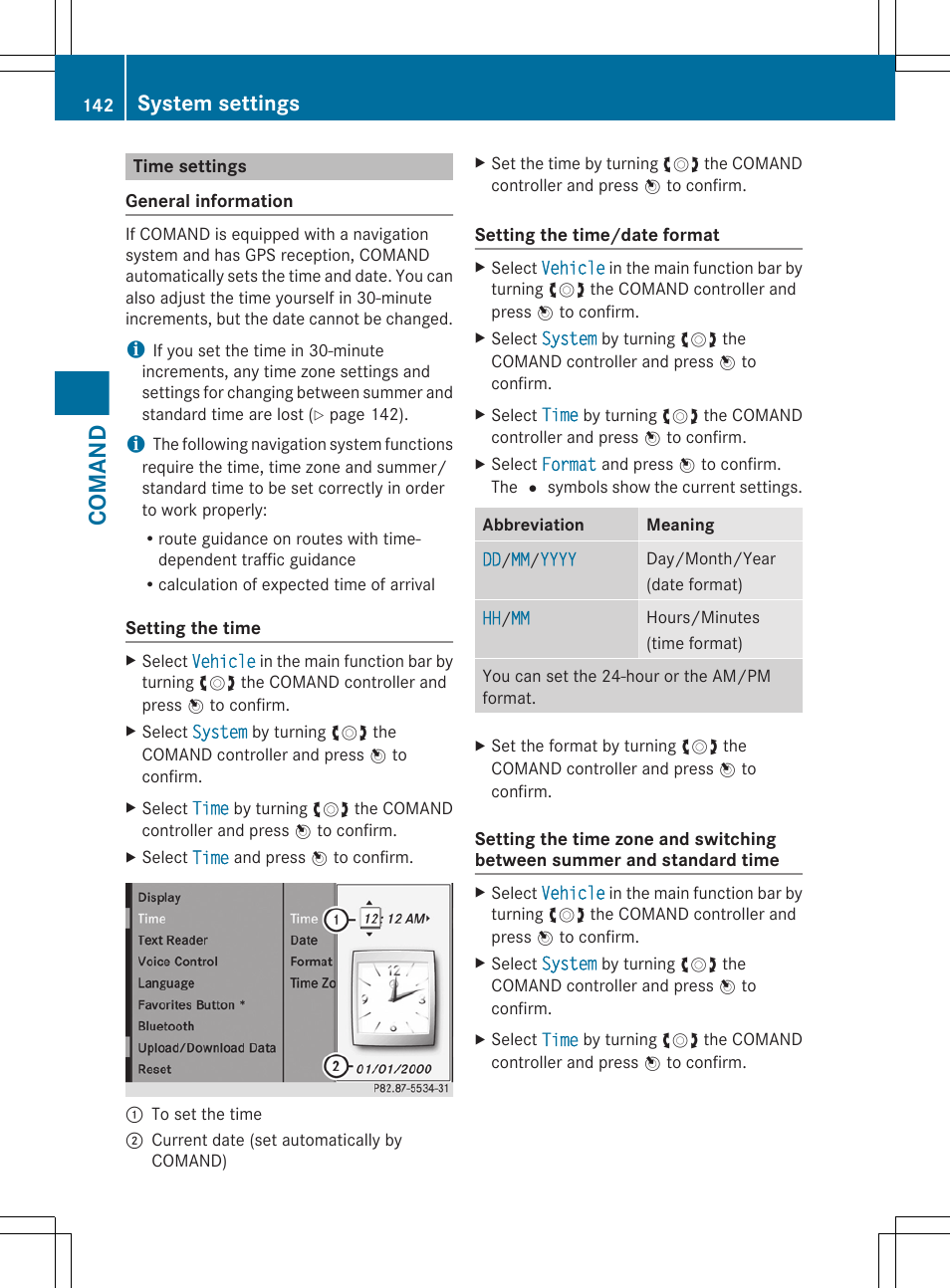 Time settings, Comand, System settings | Mercedes-Benz S-Class 2011 User Manual | Page 144 / 524