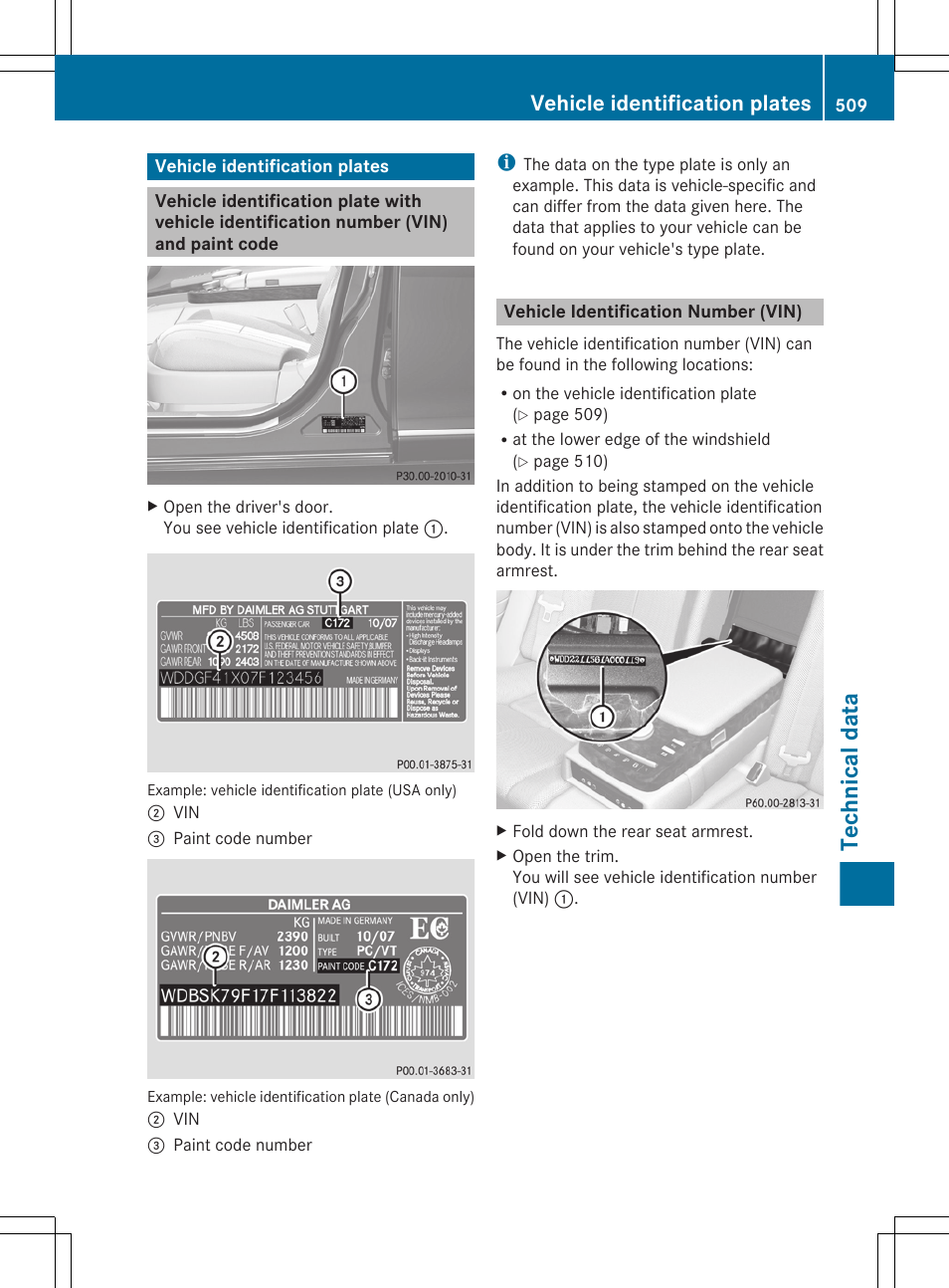Vehicle identification plates, Vehicle identification number (vin), Technical data | Mercedes-Benz S-Class 2011 User Manual | Page 511 / 524
