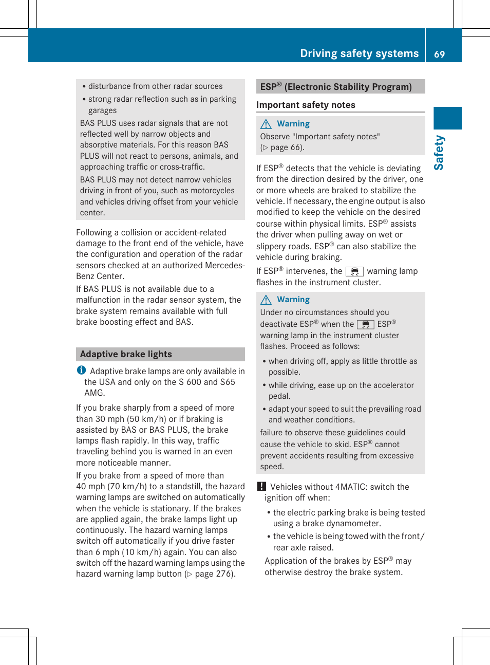 Adaptive brake lights, Esp® (electronic stability program), Safety | Driving safety systems | Mercedes-Benz S-Class 2011 User Manual | Page 71 / 524