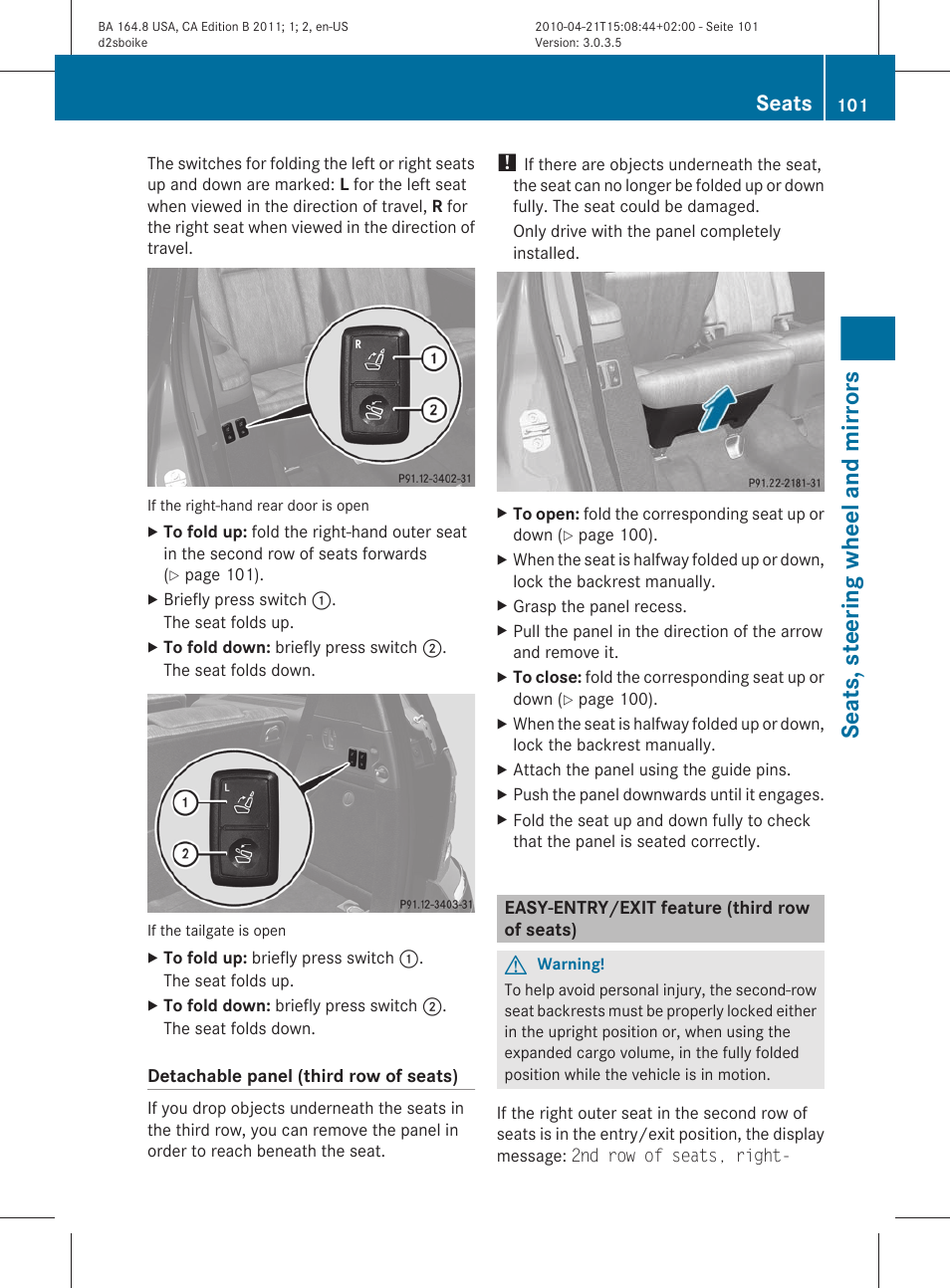 Easy-entry/exit feature (third row of seats), Seats, steering wheel and mirrors, Seats | Mercedes-Benz GL-Class 2011 Owners Manual User Manual | Page 103 / 376
