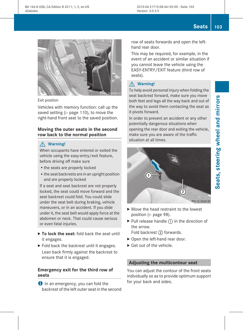 Adjusting the multicontour seat, Seats, steering wheel and mirrors, Seats | Mercedes-Benz GL-Class 2011 Owners Manual User Manual | Page 105 / 376
