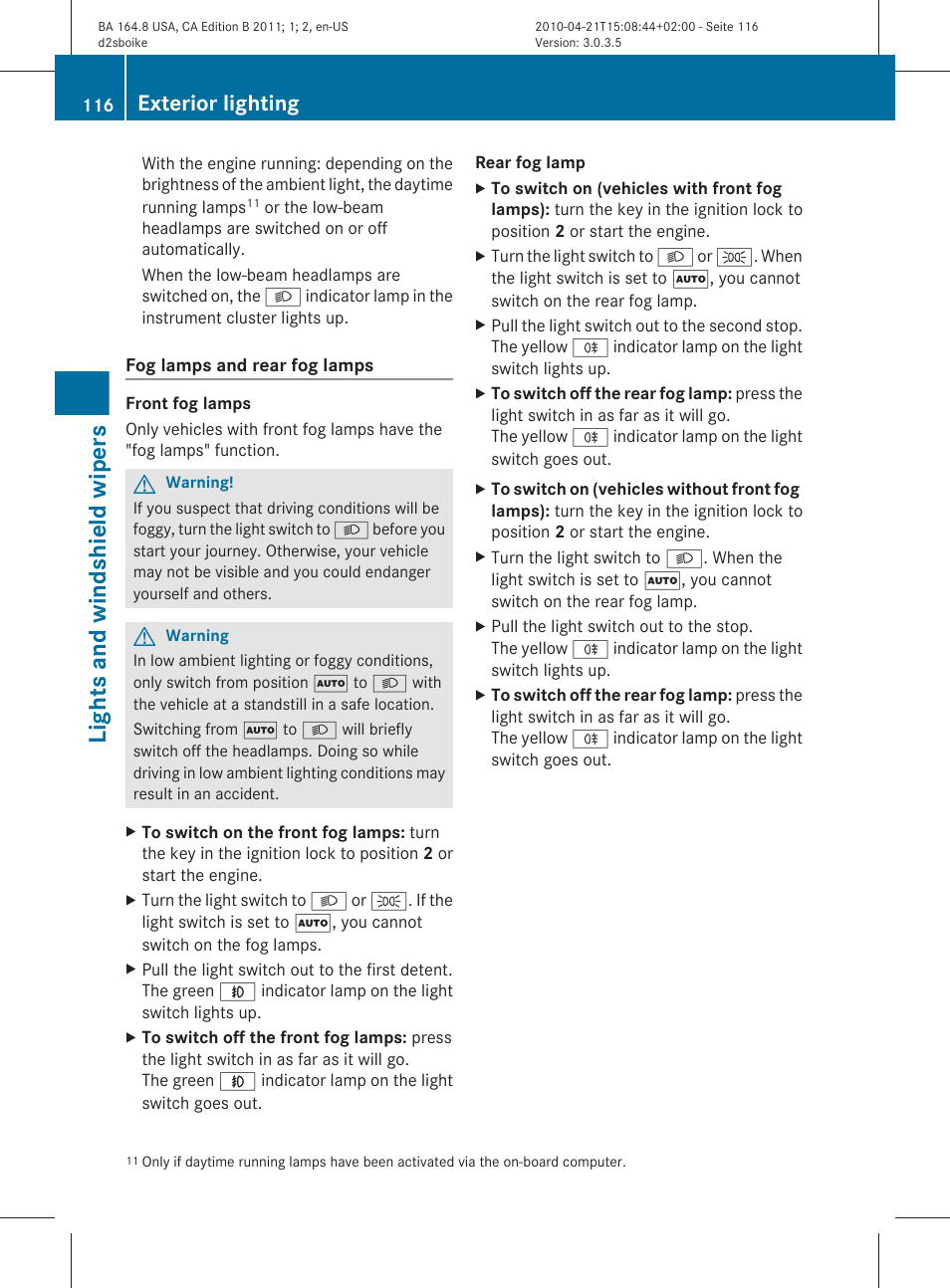 Lights and windshield wipers, Exterior lighting | Mercedes-Benz GL-Class 2011 Owners Manual User Manual | Page 118 / 376