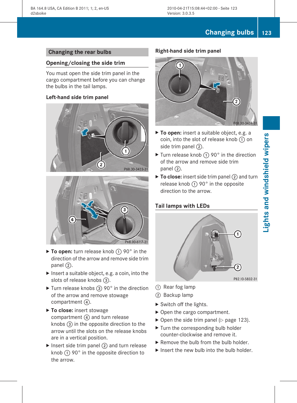 Changing the rear bulbs, Lights and windshield wipers, Changing bulbs | Mercedes-Benz GL-Class 2011 Owners Manual User Manual | Page 125 / 376