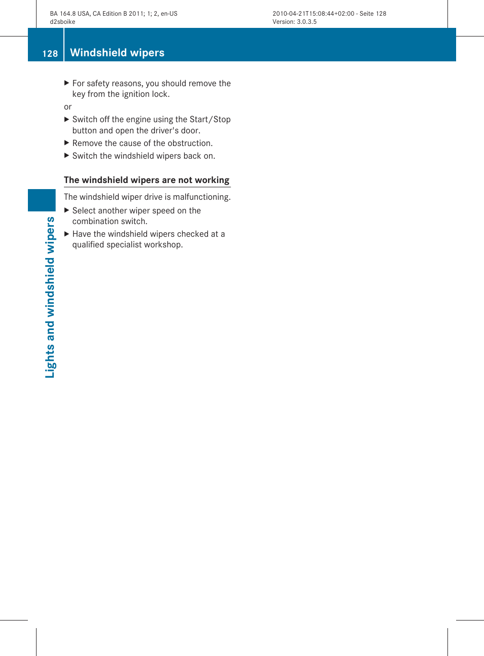Lights and windshield wipers, Windshield wipers | Mercedes-Benz GL-Class 2011 Owners Manual User Manual | Page 130 / 376