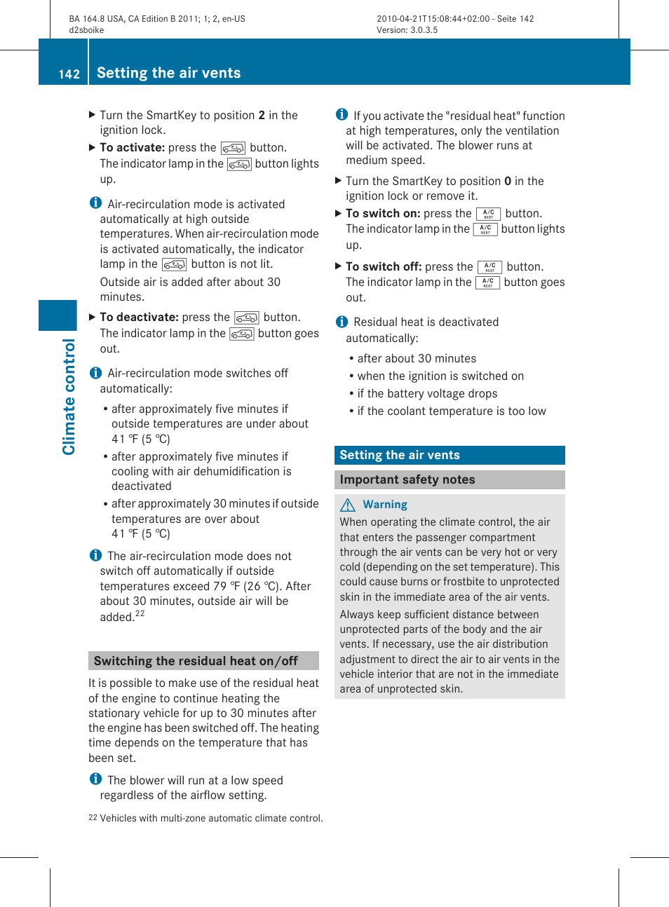 Switching the residual heat on/off, Setting the air vents, Important safety notes | Climate control | Mercedes-Benz GL-Class 2011 Owners Manual User Manual | Page 144 / 376