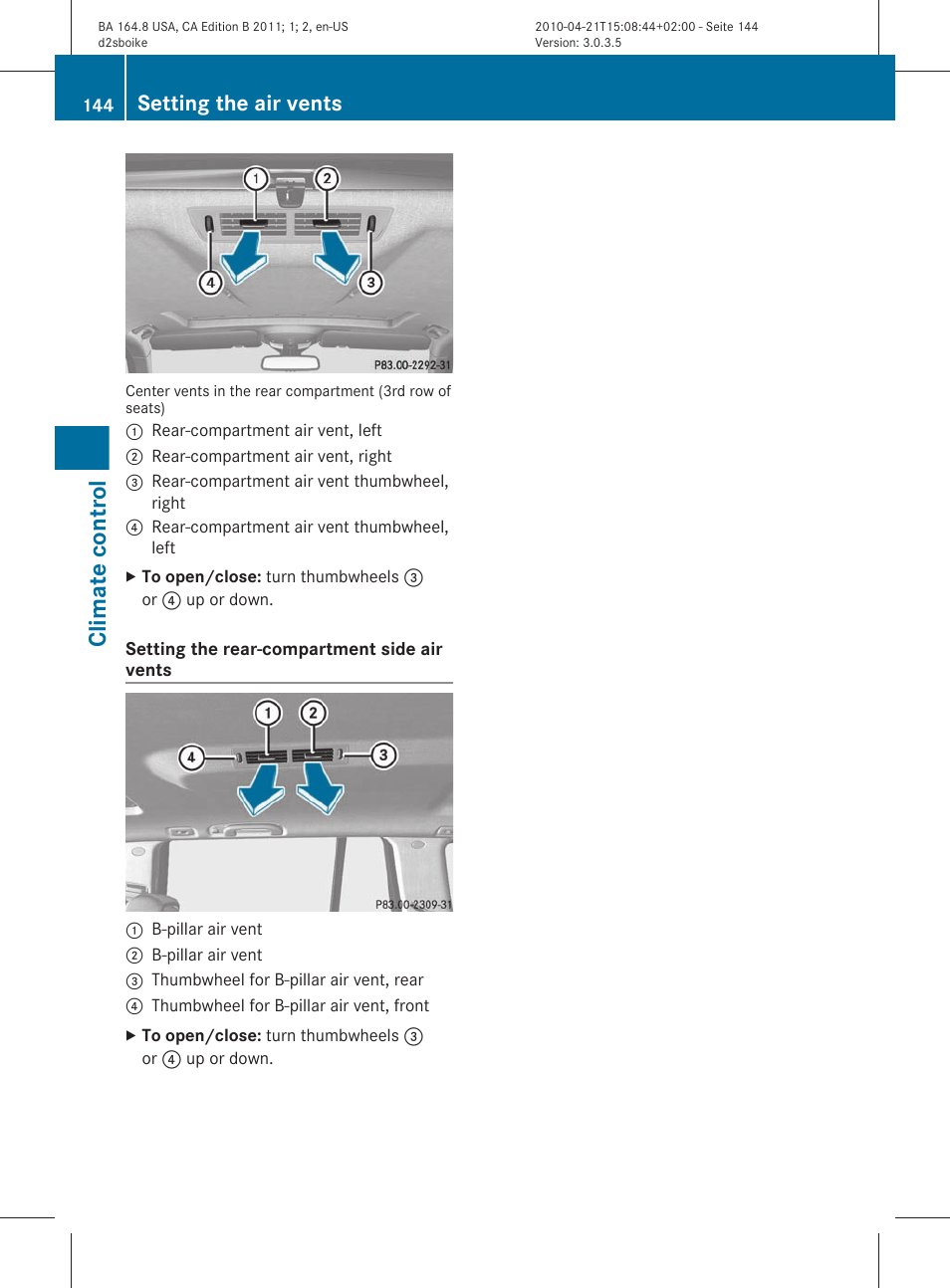Climate control, Setting the air vents | Mercedes-Benz GL-Class 2011 Owners Manual User Manual | Page 146 / 376