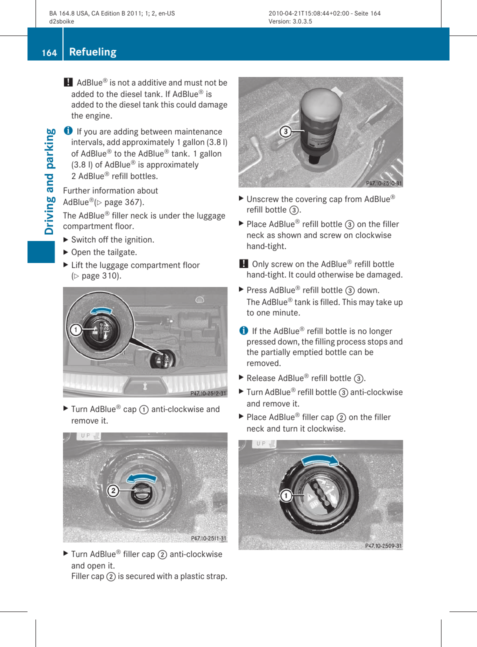 Driving and parking, Refueling | Mercedes-Benz GL-Class 2011 Owners Manual User Manual | Page 166 / 376