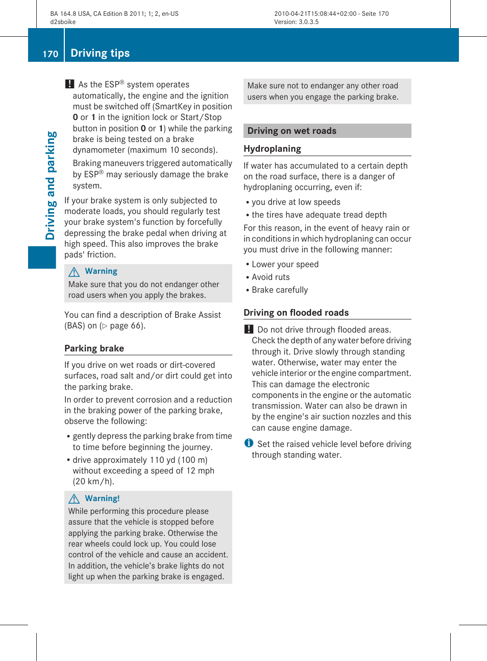 Driving on wet roads, Driving and parking, Driving tips | Mercedes-Benz GL-Class 2011 Owners Manual User Manual | Page 172 / 376