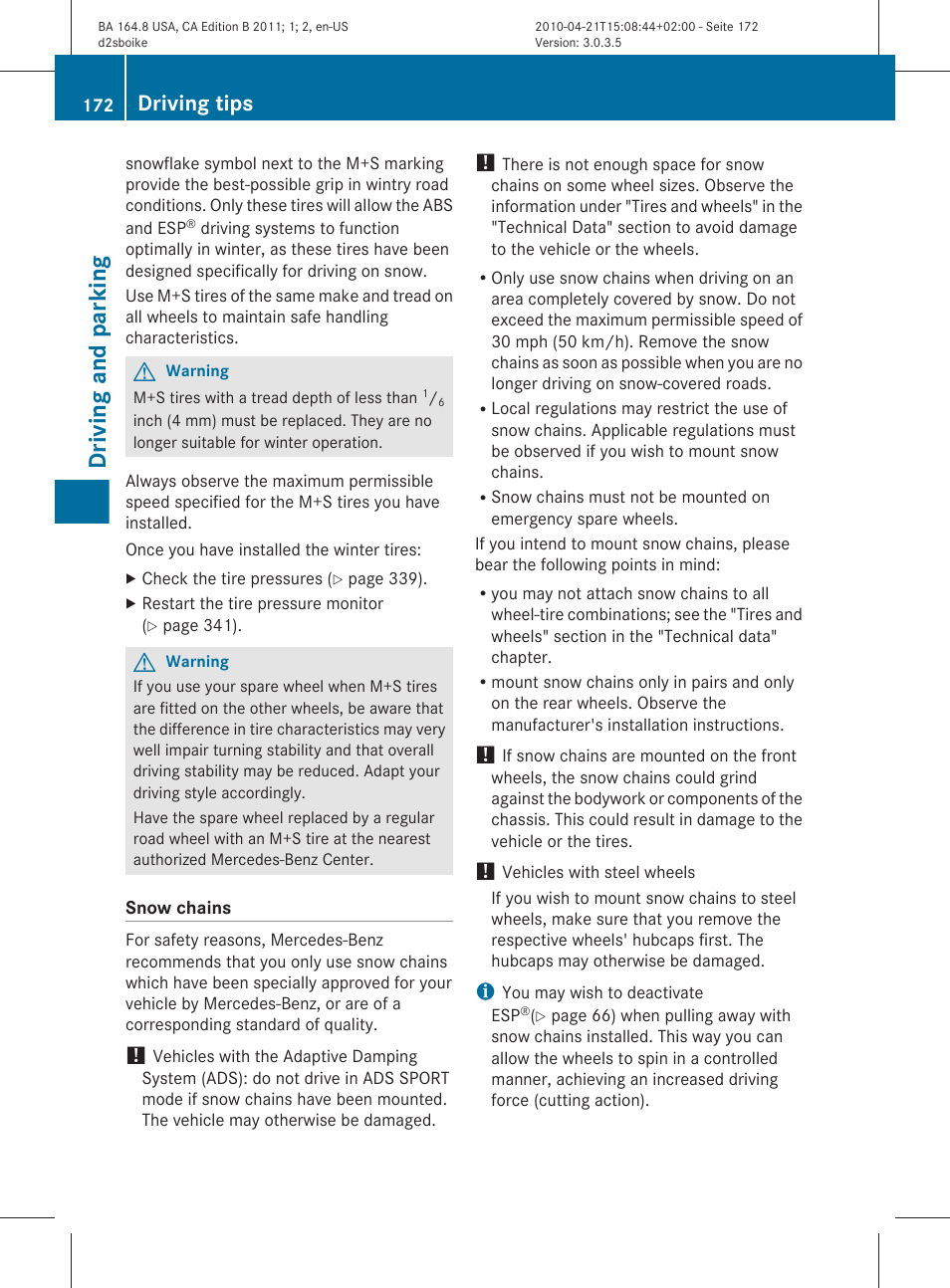 Driving and parking, Driving tips | Mercedes-Benz GL-Class 2011 Owners Manual User Manual | Page 174 / 376