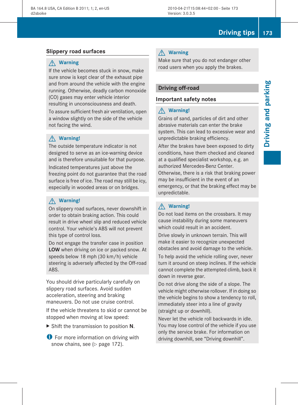 Driving off-road, Section, Driving and parking | Driving tips | Mercedes-Benz GL-Class 2011 Owners Manual User Manual | Page 175 / 376