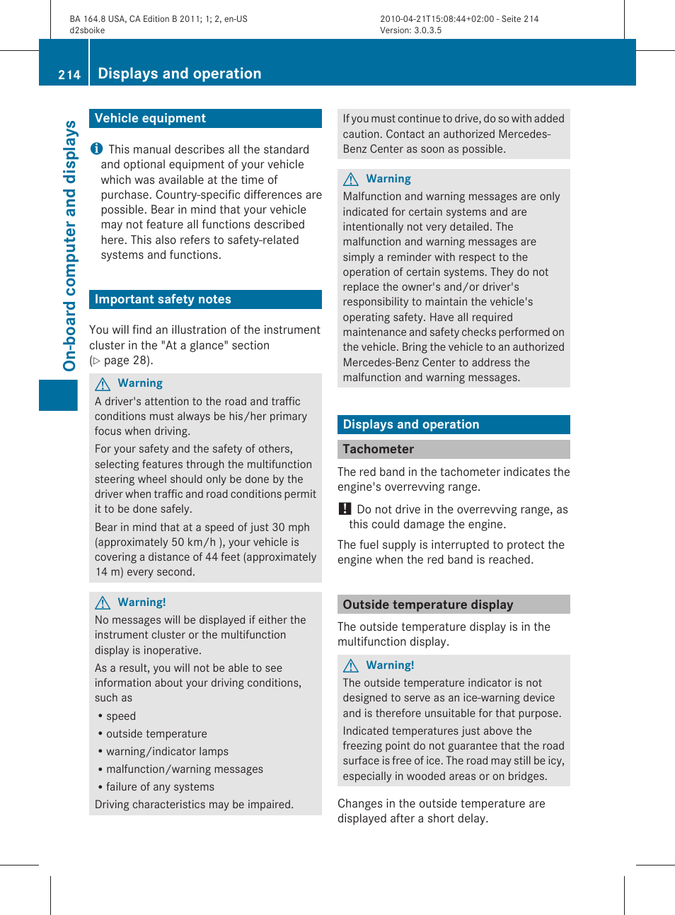 On-board computer and displays, Vehicle equipment, Important safety notes | Displays and operation, Tachometer, Outside temperature display | Mercedes-Benz GL-Class 2011 Owners Manual User Manual | Page 216 / 376