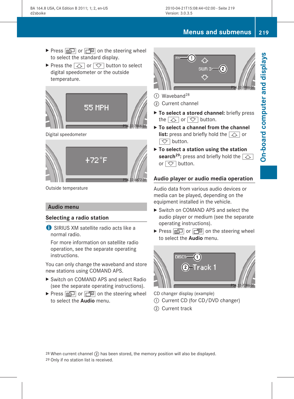 Audio menu, Menu, On-board computer and displays | Menus and submenus | Mercedes-Benz GL-Class 2011 Owners Manual User Manual | Page 221 / 376