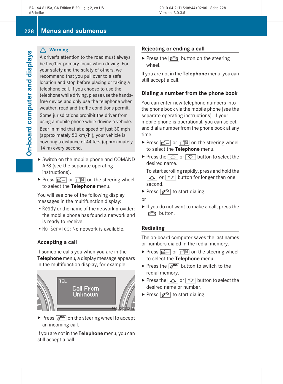 On-board computer and displays, Menus and submenus | Mercedes-Benz GL-Class 2011 Owners Manual User Manual | Page 230 / 376