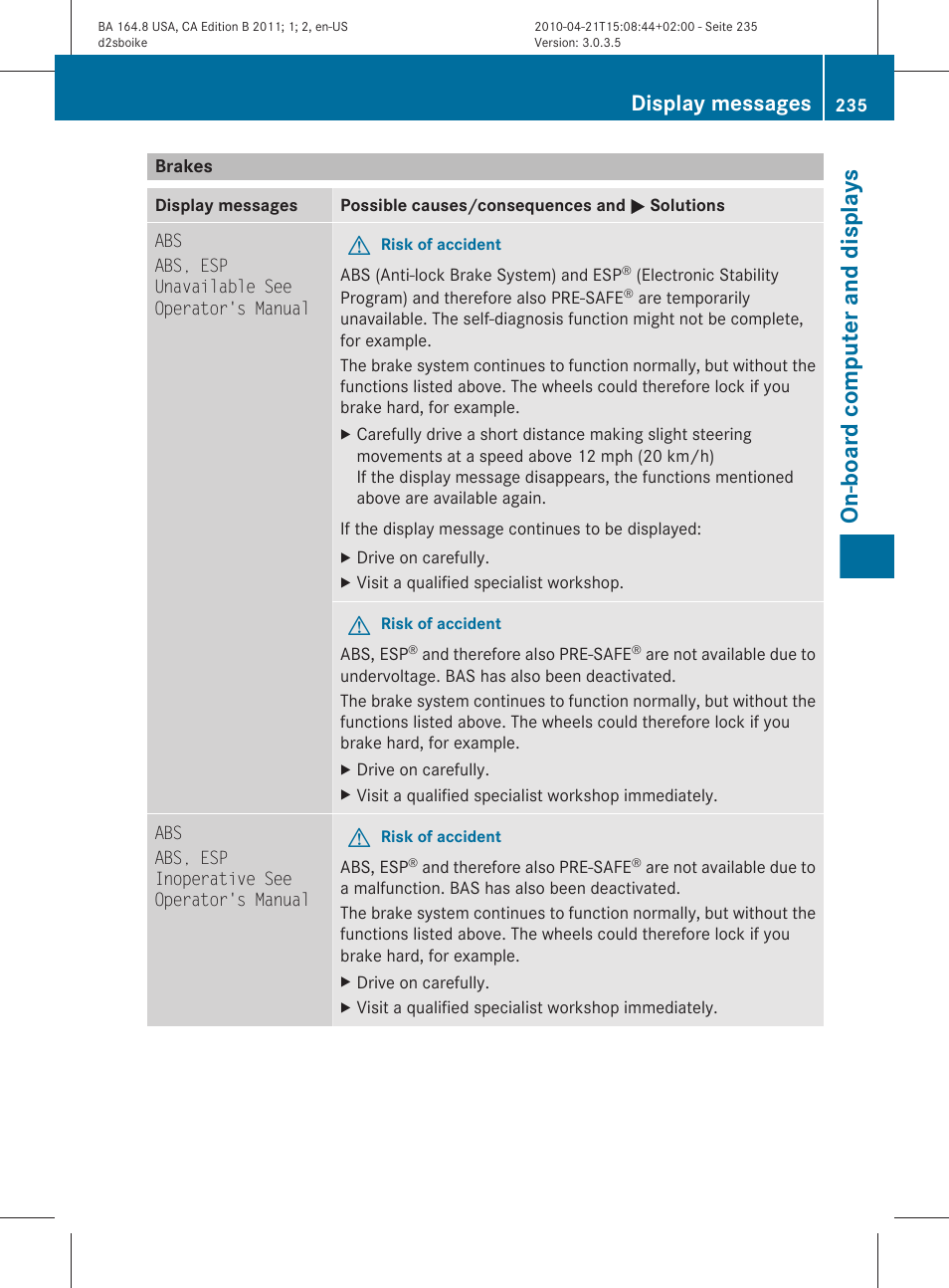 Brakes, On-board computer and displays, Display messages | Mercedes-Benz GL-Class 2011 Owners Manual User Manual | Page 237 / 376