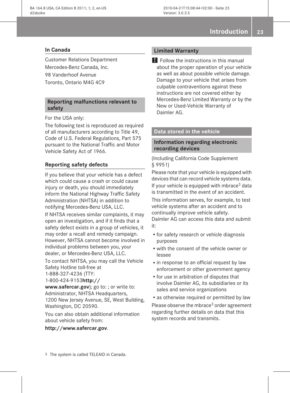 Reporting malfunctions relevant to safety, Limited warranty, Data stored in the vehicle | Information regarding electronic recording devices, Introduction | Mercedes-Benz GL-Class 2011 Owners Manual User Manual | Page 25 / 376