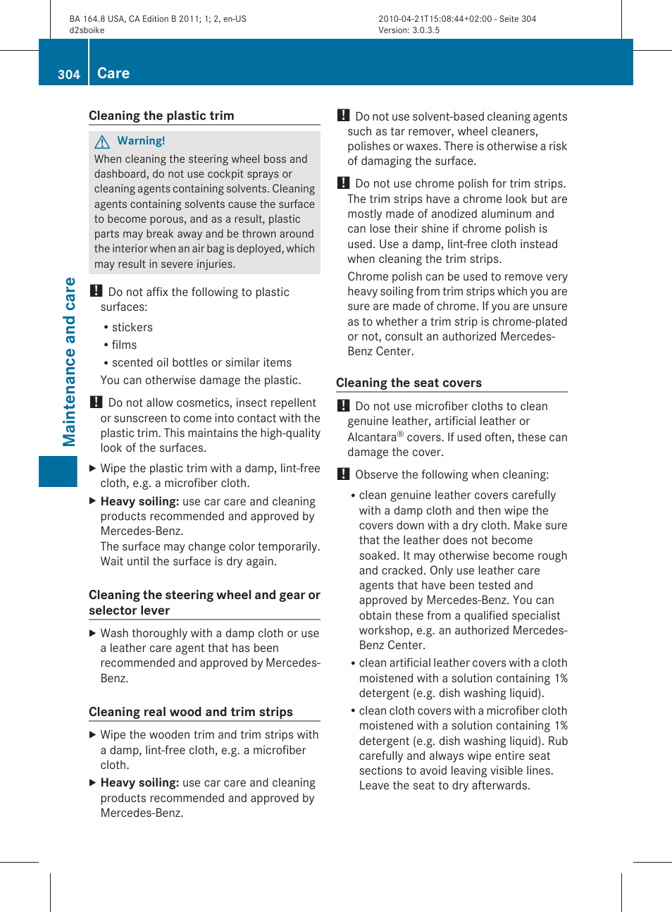 Maintenance and care, Care | Mercedes-Benz GL-Class 2011 Owners Manual User Manual | Page 306 / 376