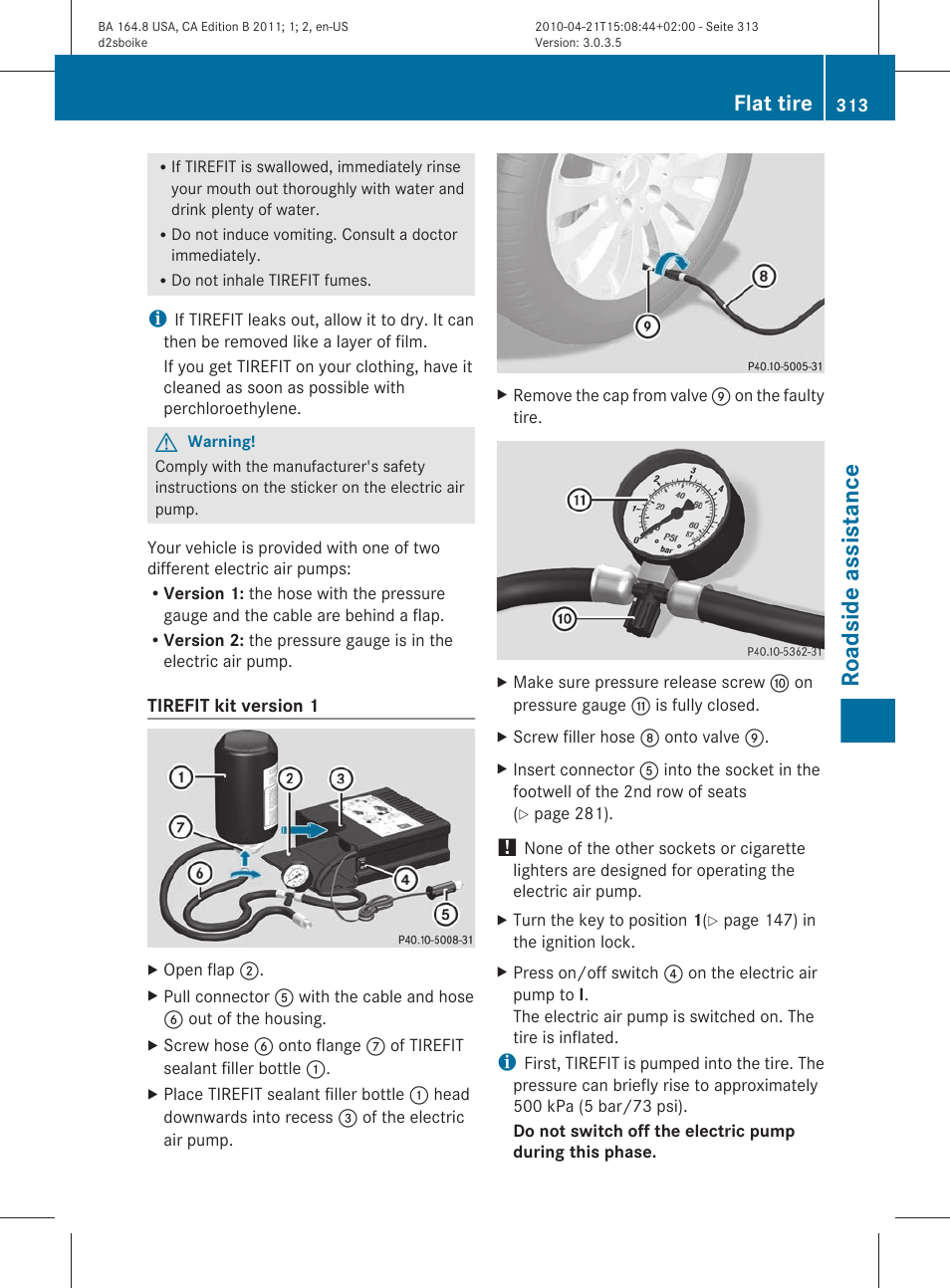 Roadside assistance, Flat tire | Mercedes-Benz GL-Class 2011 Owners Manual User Manual | Page 315 / 376