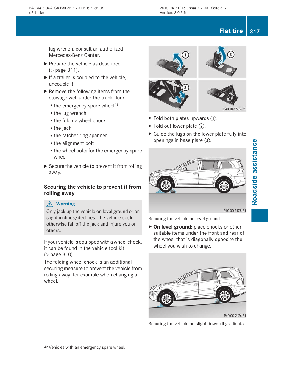 Roadside assistance, Flat tire | Mercedes-Benz GL-Class 2011 Owners Manual User Manual | Page 319 / 376