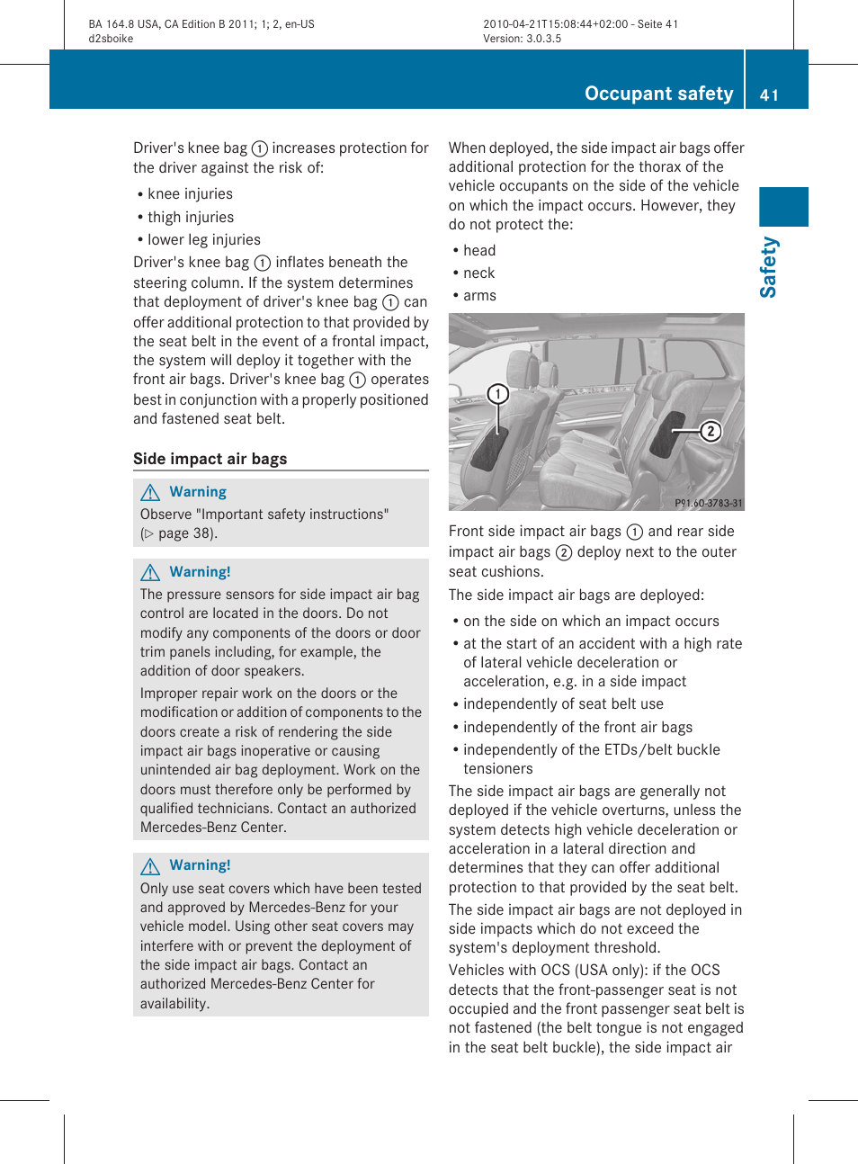 Safety, Occupant safety | Mercedes-Benz GL-Class 2011 Owners Manual User Manual | Page 43 / 376