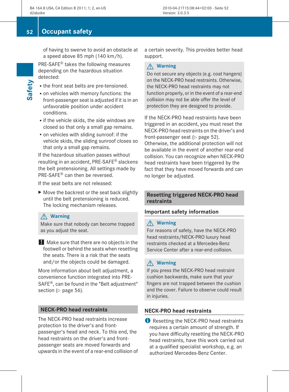 Neck-pro head restraints, Resetting triggered neck-pro head restraints, Safety | Occupant safety | Mercedes-Benz GL-Class 2011 Owners Manual User Manual | Page 54 / 376