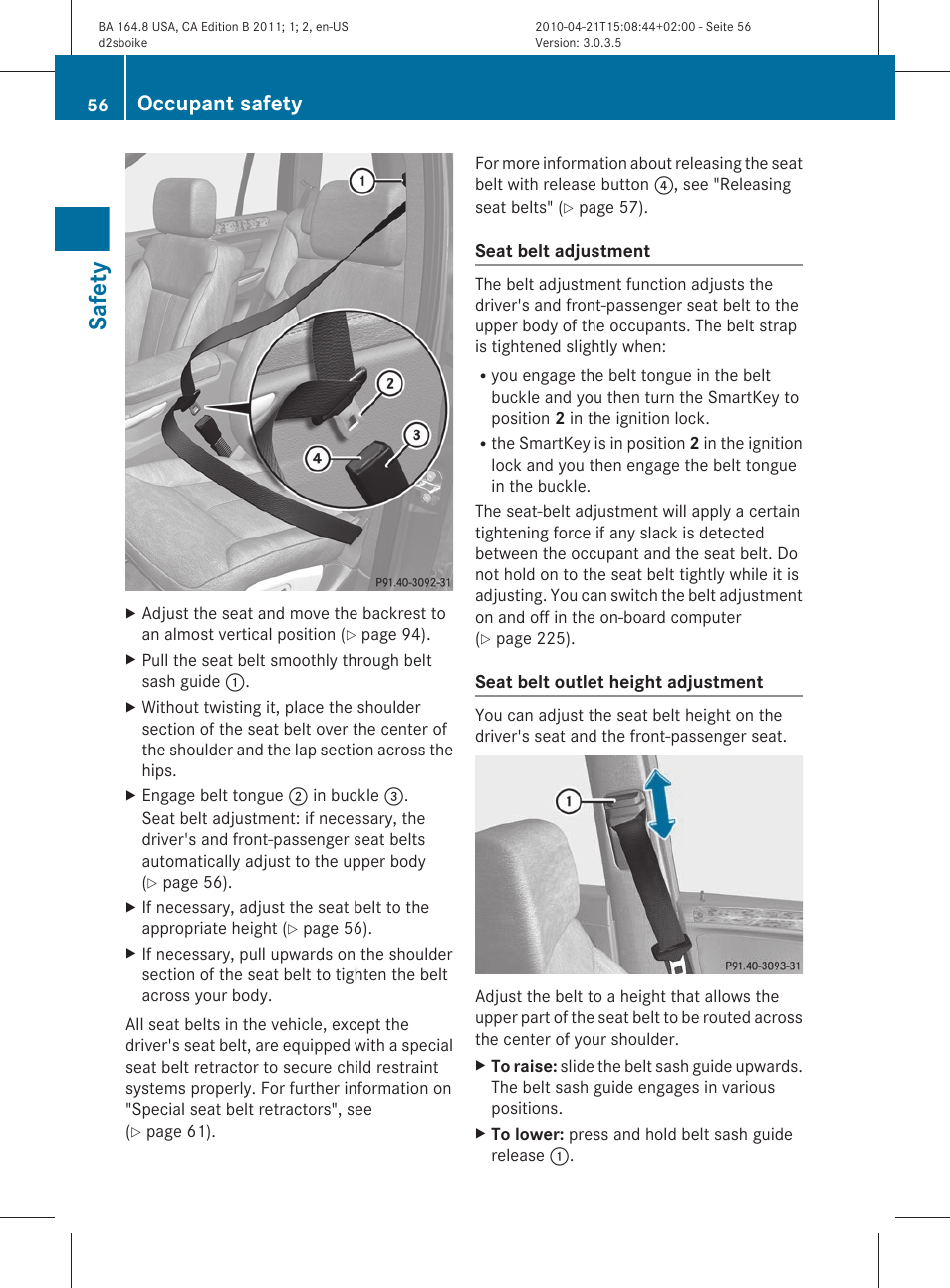 Section, Safety, Occupant safety | Mercedes-Benz GL-Class 2011 Owners Manual User Manual | Page 58 / 376