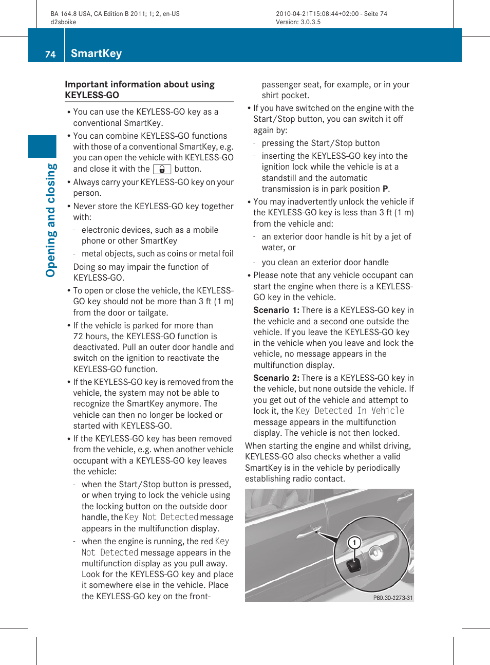 Opening and closing, Smartkey | Mercedes-Benz GL-Class 2011 Owners Manual User Manual | Page 76 / 376