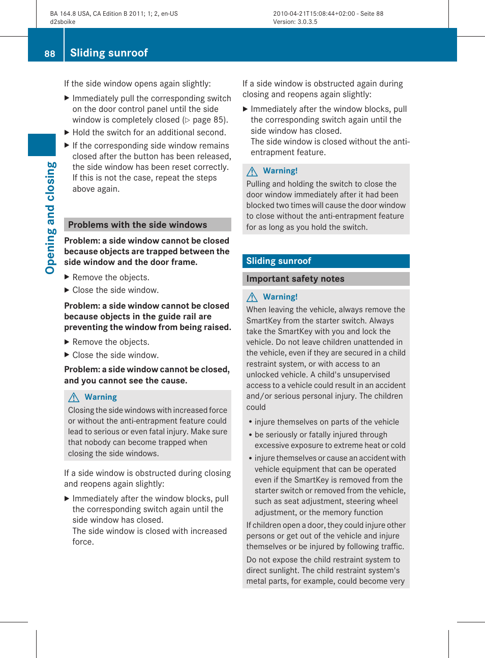 Problems with the side windows, Sliding sunroof, Important safety notes | Opening and closing | Mercedes-Benz GL-Class 2011 Owners Manual User Manual | Page 90 / 376