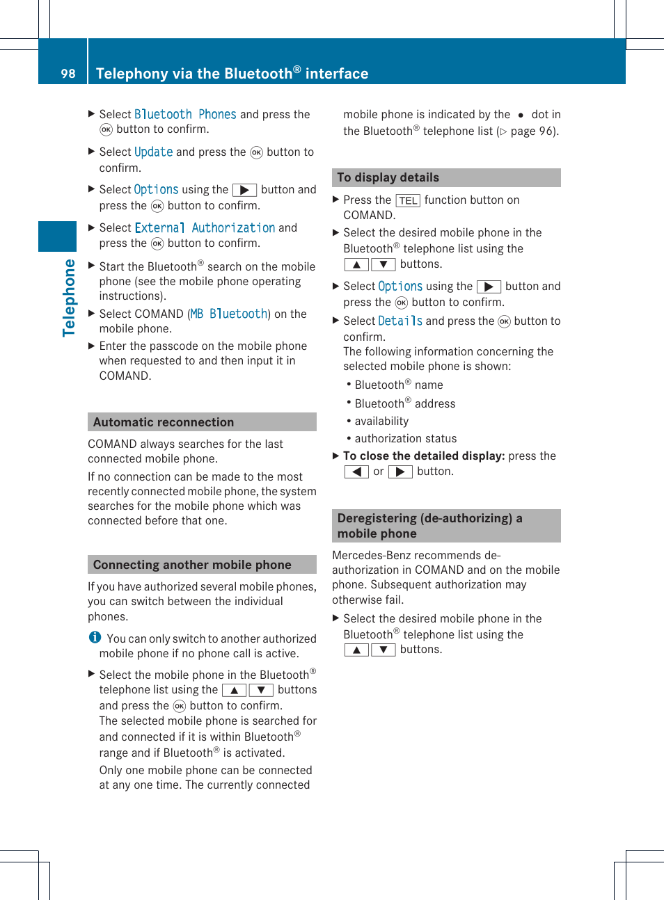Telephone, Telephony via the bluetooth, Interface | Mercedes-Benz CLS-Class 2011 COMAND Manual User Manual | Page 100 / 214