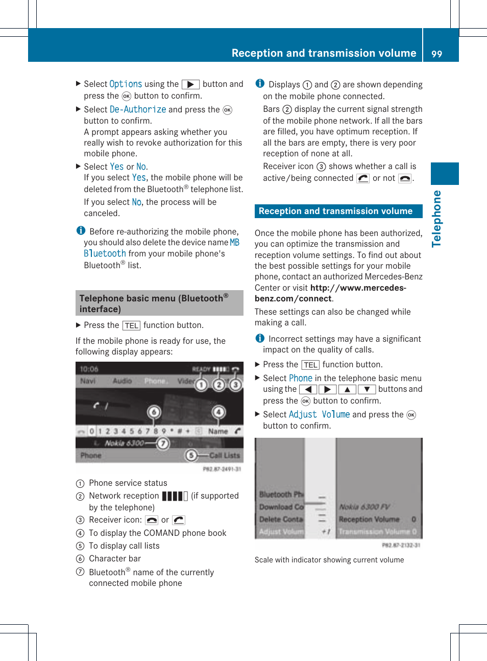 Telephone, Reception and transmission volume | Mercedes-Benz CLS-Class 2011 COMAND Manual User Manual | Page 101 / 214