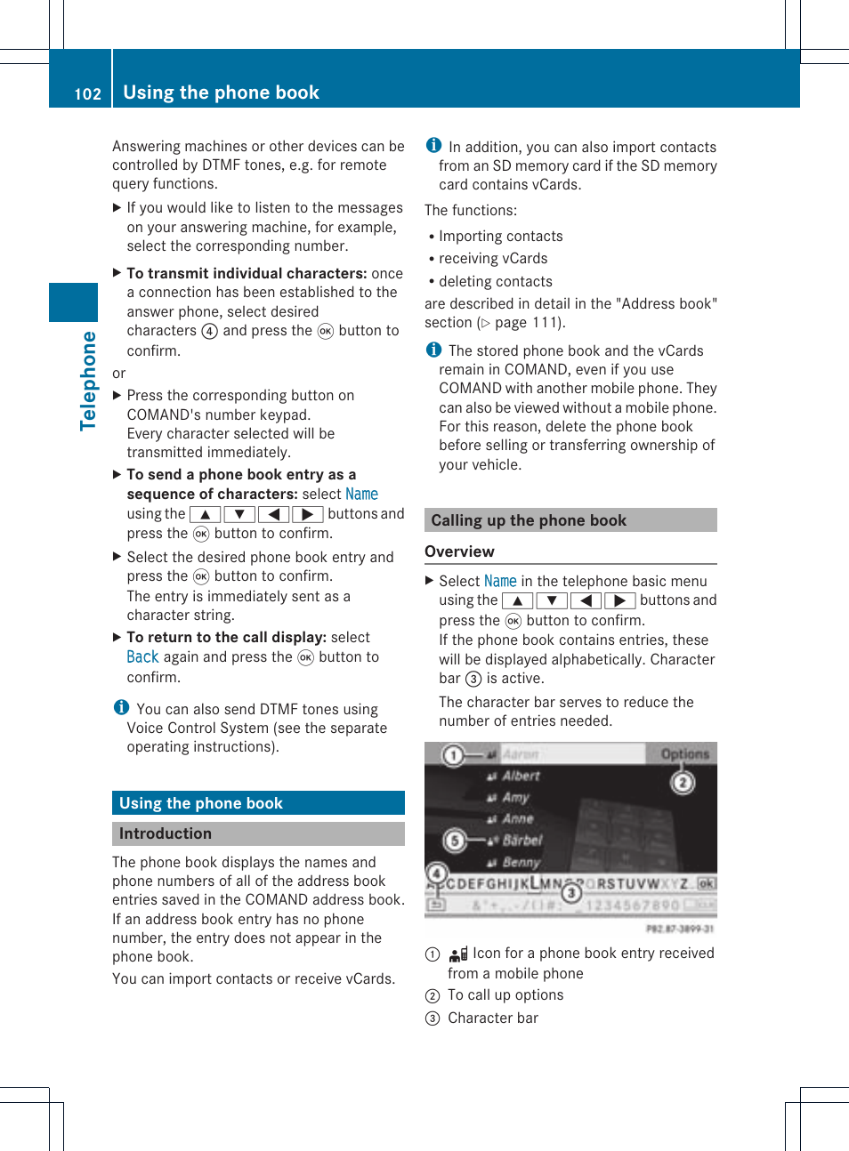 Telephone, Using the phone book | Mercedes-Benz CLS-Class 2011 COMAND Manual User Manual | Page 104 / 214
