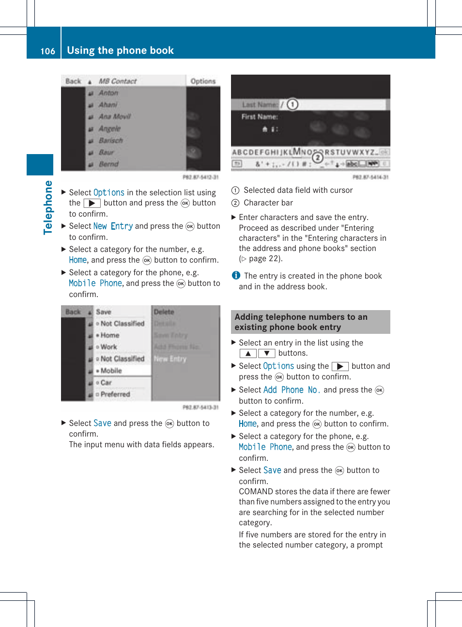 Telep hone, Using the phone book | Mercedes-Benz CLS-Class 2011 COMAND Manual User Manual | Page 108 / 214