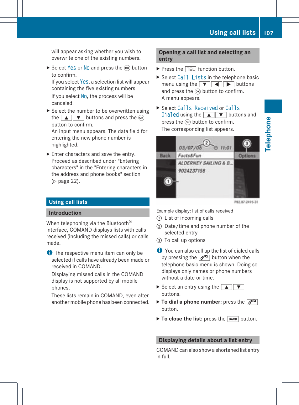 Telep hone, Using call lists | Mercedes-Benz CLS-Class 2011 COMAND Manual User Manual | Page 109 / 214