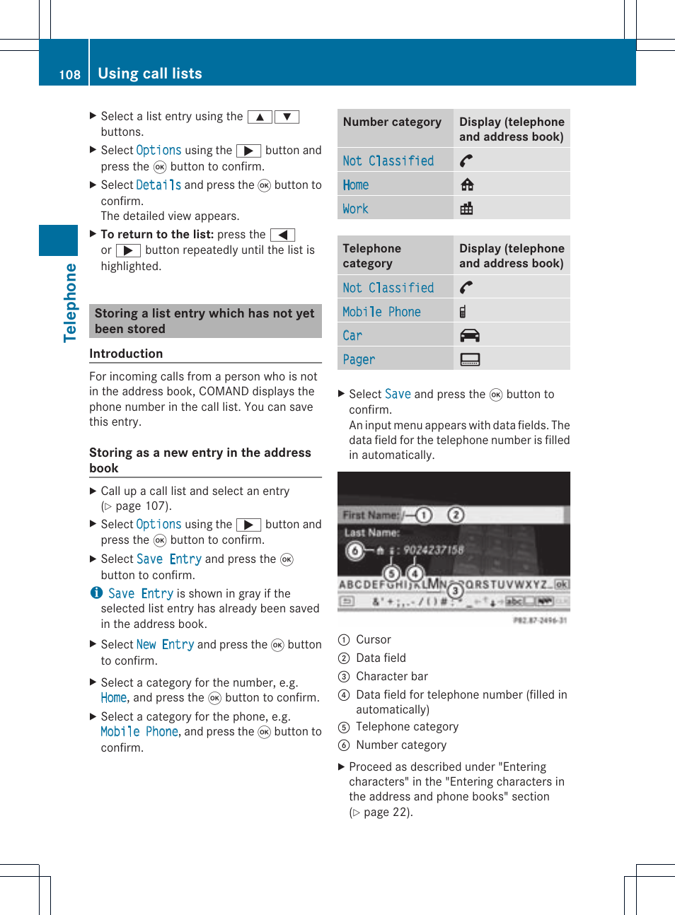 Tel eph on e, Using call lists | Mercedes-Benz CLS-Class 2011 COMAND Manual User Manual | Page 110 / 214