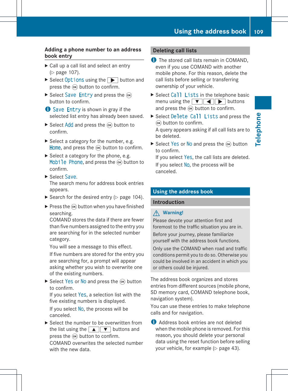 Telephone, Using the address book | Mercedes-Benz CLS-Class 2011 COMAND Manual User Manual | Page 111 / 214