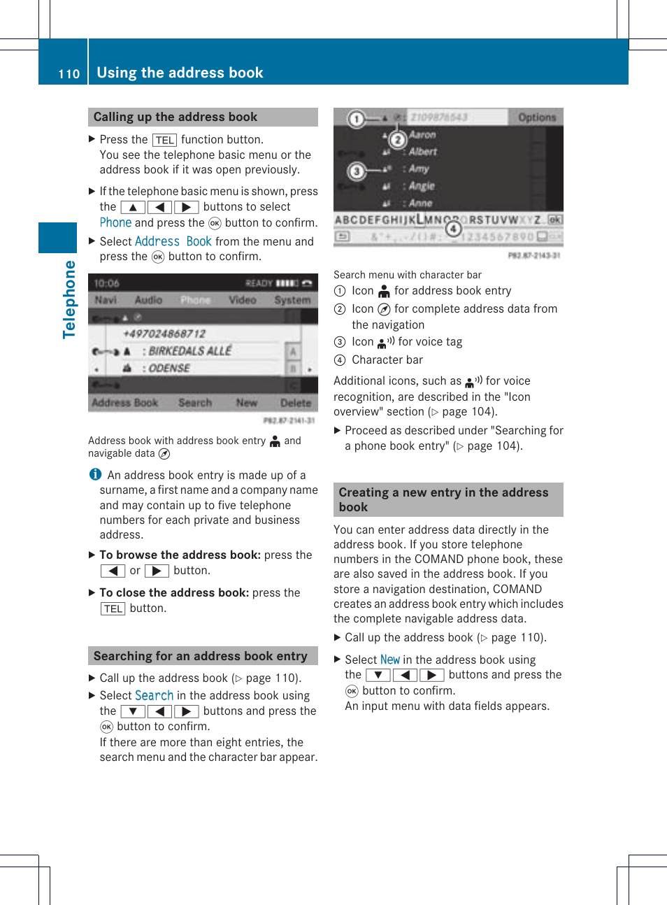 Teleph one, Using the address book | Mercedes-Benz CLS-Class 2011 COMAND Manual User Manual | Page 112 / 214
