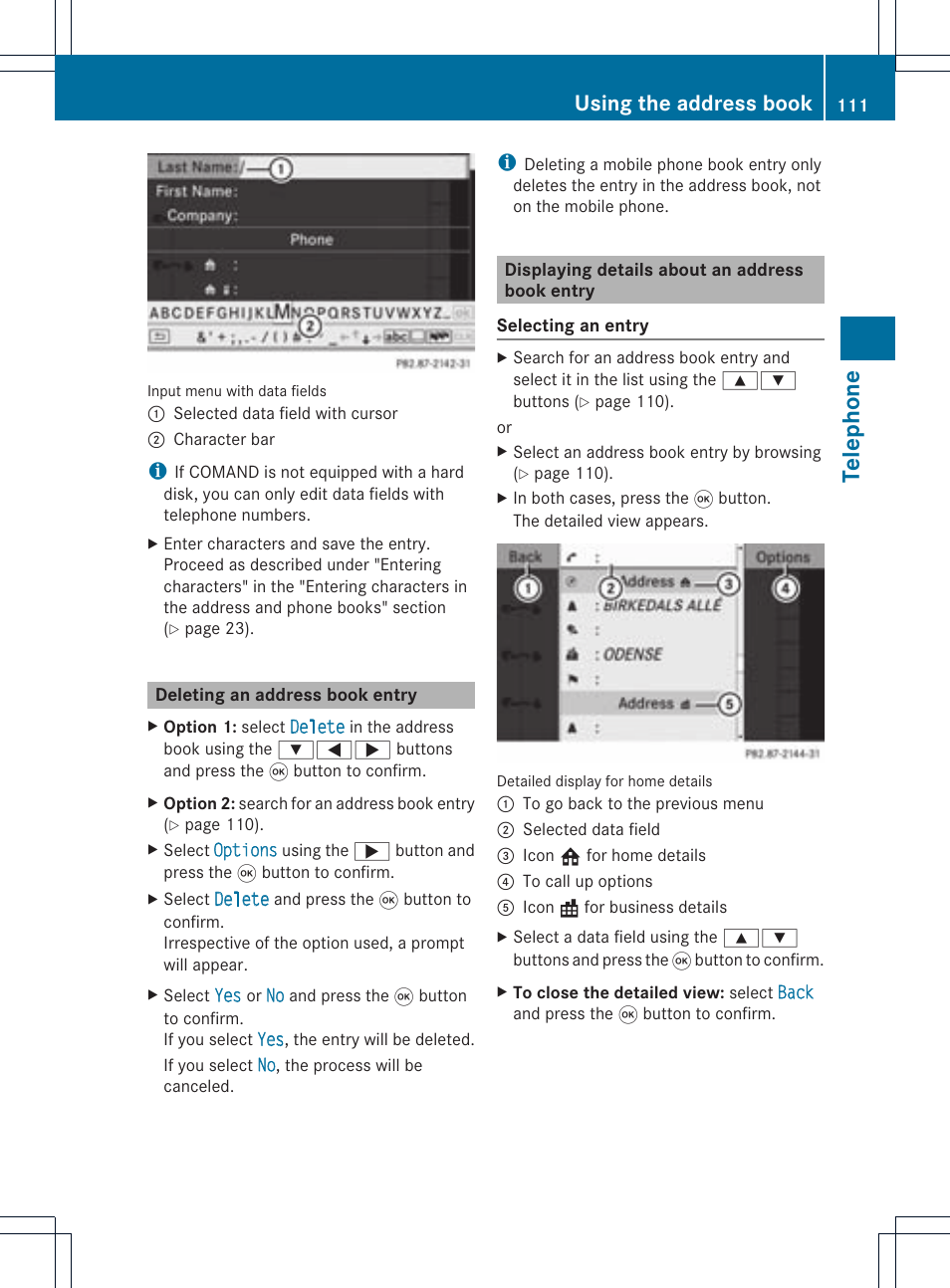 Telephone, Using the address book | Mercedes-Benz CLS-Class 2011 COMAND Manual User Manual | Page 113 / 214