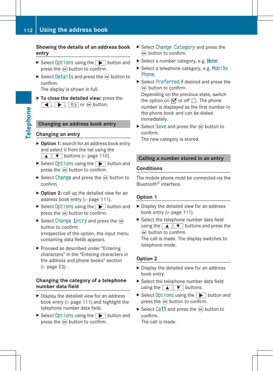 Tel epho ne, Using the address book | Mercedes-Benz CLS-Class 2011 COMAND Manual User Manual | Page 114 / 214