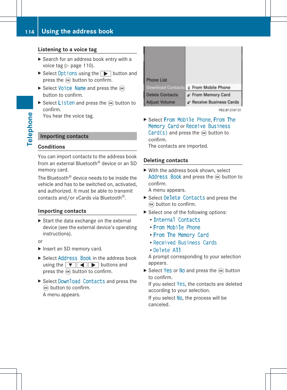 Telephone, Using the address book | Mercedes-Benz CLS-Class 2011 COMAND Manual User Manual | Page 116 / 214
