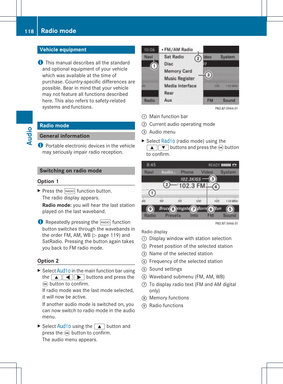 Audi o, Radio mode | Mercedes-Benz CLS-Class 2011 COMAND Manual User Manual | Page 120 / 214
