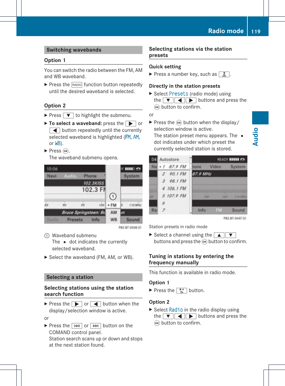 Audio, Radio mode | Mercedes-Benz CLS-Class 2011 COMAND Manual User Manual | Page 121 / 214