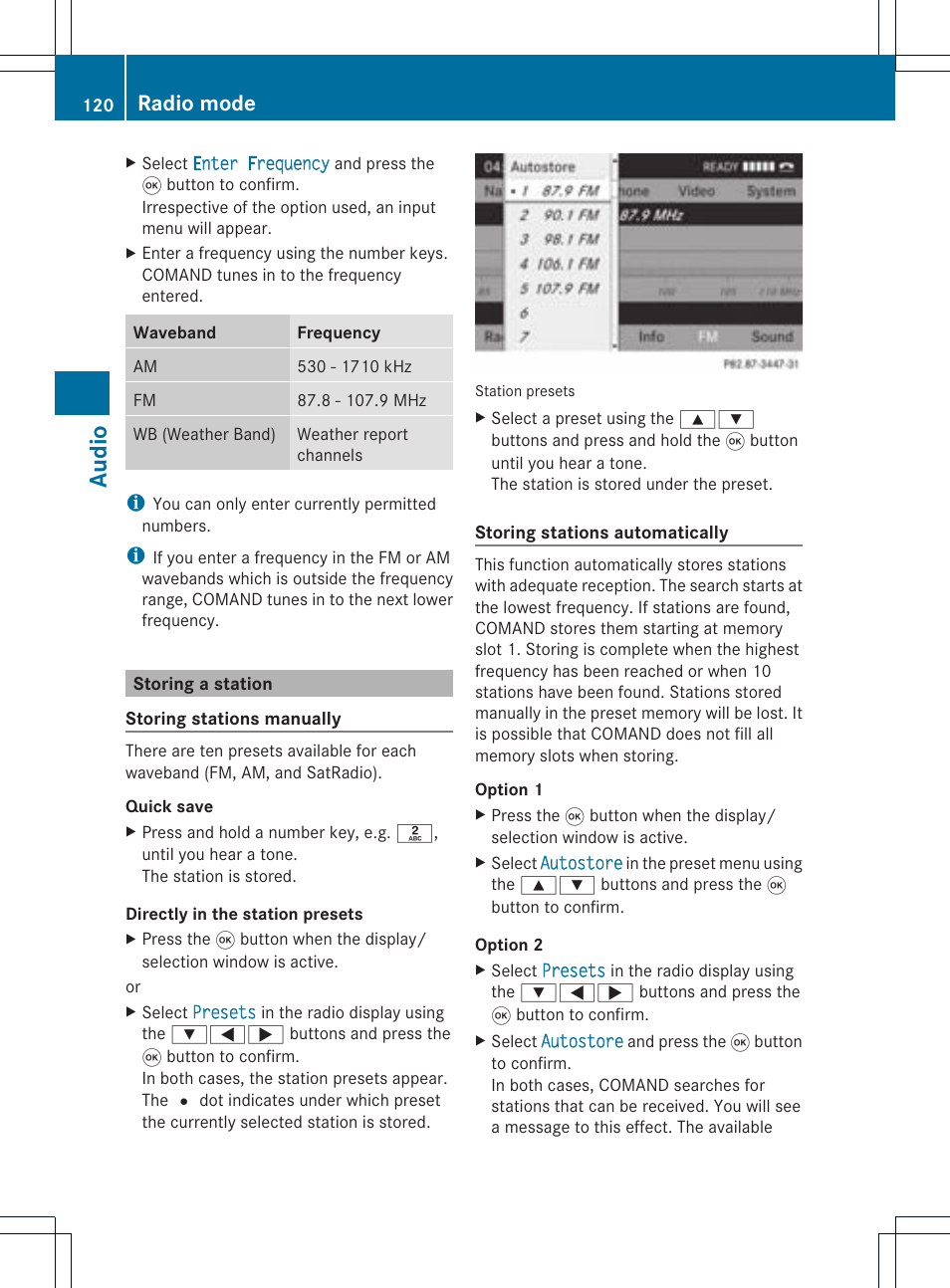 Audio, Radio mode | Mercedes-Benz CLS-Class 2011 COMAND Manual User Manual | Page 122 / 214